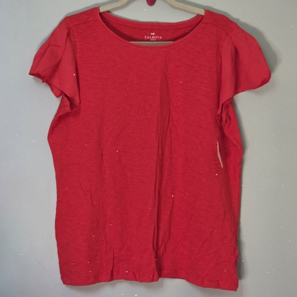 Talbots Signature Red Cotton And Chiffon Ruffled Sleeve Top. - Picture 1 of 7